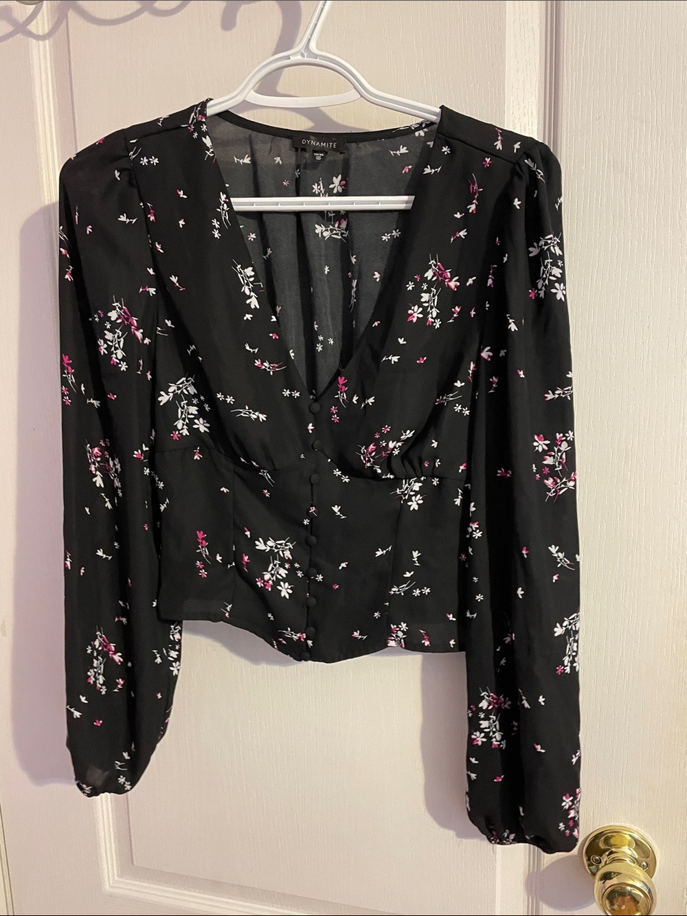 Dynamite Black Floral Button-Front V-Neck Blouse